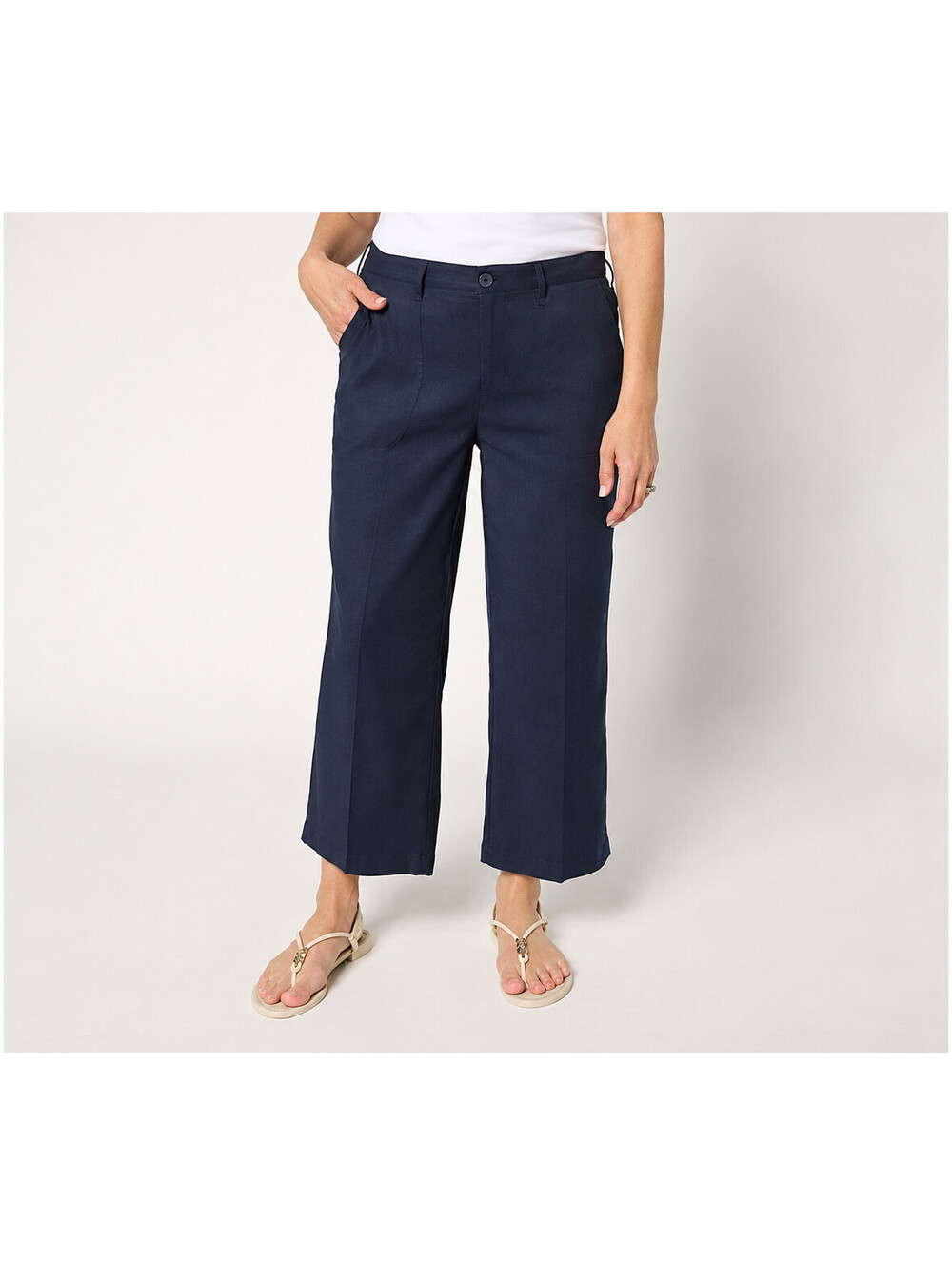 NYDJ Stretch Linen Wide Leg Cropped Cargo Pants Zip Fly Oxford Navy, Size Reg 6